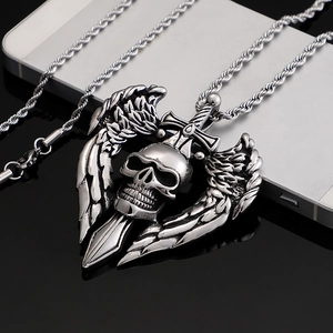 Punk vintage stainless steel skull necklace with sword wings on twisted chain pendant