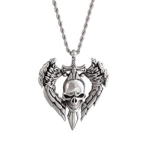 Punk vintage skull sword wings pendant necklace in silver stainless steel for men