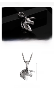 Detail view of 34x33mm stainless steel unicorn pendant with dimensions and weight info