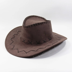 Detail of dark brown suede cowboy hat with black decorative stitching and side vents