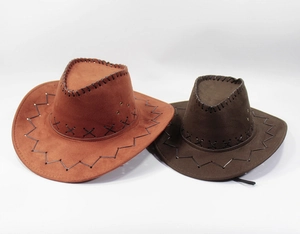 Detail of tan and dark brown cowboy hats with decorative hand-stitched leather whipstitch
