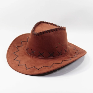 Detail of brown cowboy hat with black cross stitching and metal ventilation eyelets