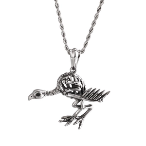 Gothic silver raven skeleton pendant necklace with twist chain on white background