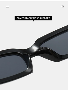 Detail of comfortable integrated nose support on black vintage rectangular sunglasses