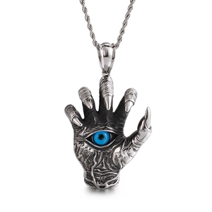 Vintage stainless steel dragon claw necklace with blue evil eye pendant on rope chain