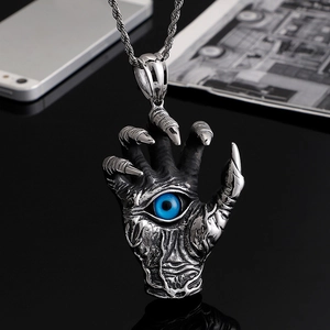 Vintage steel dragon claw pendant with blue eye charm and twisted chain necklace