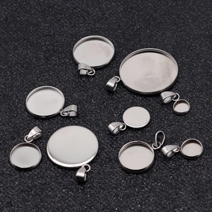 DIY stainless steel round pendant base tray set in silver finish for jewelry making