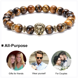 Detailed view of tiger eye stone bracelet with lion head charm and gift usage icons
