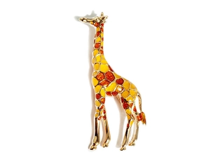 Detailed view of an elegant giraffe brooch with golden plating and vibrant enamel inlay