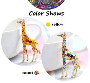 Detail of creative giraffe brooches in yellow and multi-color enamel finishes