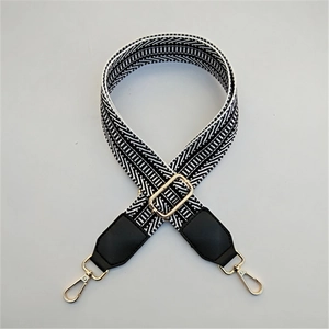 Ethnic style black and white geometric woven bag strap with golden metal lobster clasps