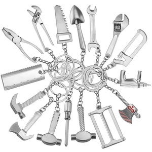 Miniature zinc alloy tool keychain set featuring wrenches and pliers on white background