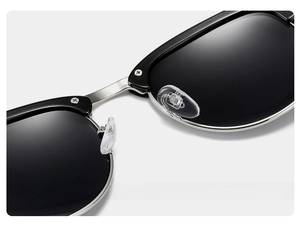 Macro view of adjustable silicone nose pads on retro half-frame sunglasses