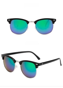 Detail view of semi-rimless sunglasses with black-silver frame and green mirrored lenses