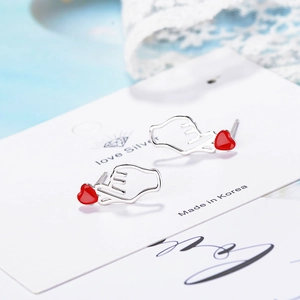Minimalist S925 silver finger heart earrings with red enamel detail for women