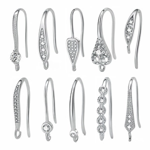 Macro detail of ten S925 sterling silver earring hook designs with cubic zirconia