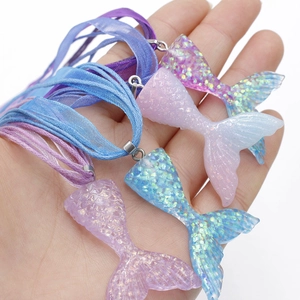 Gradient mermaid tail pendant necklaces with fairy gauze ribbons and glitter resin charms