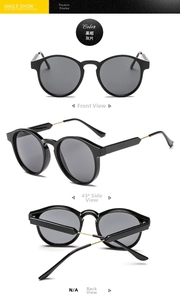 Detail view of round vintage sunglasses with black frames and dark grey lenses from 3 angles