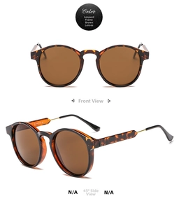 Front and side views of vintage round leopard print sunglasses with brown lenses