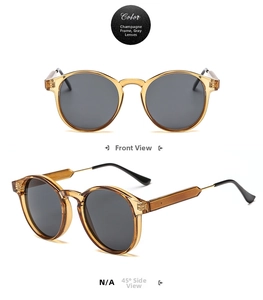Champagne frame round sunglasses with grey lenses shown in front and side views