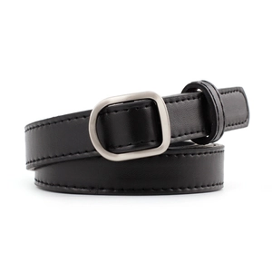 Minimalist black leather belt for women featuring a sleek silver rectangular buckle