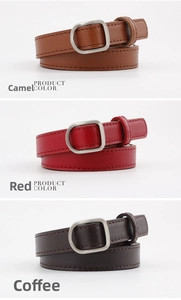 Three minimalist women belts in camel, red, and coffee with matte silver buckles