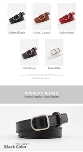 Detail of five colored skinny belts with silver square buckles and fine leather texture