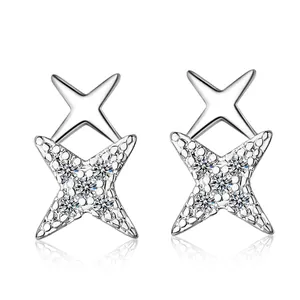 Minimalist Copper Double Layer Star Stud Earrings For Women Silver Plated Rhinestone Four Pointed Star Jewelry Accessory