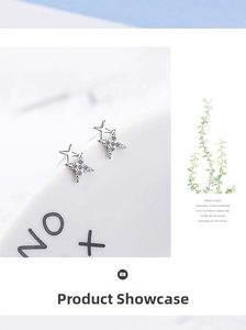 Detail of star-shaped earrings with micro-inlaid cubic zirconia on a white ceramic plate