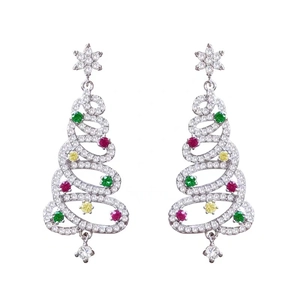 S925 silver Christmas tree drop earrings with colorful zircon stones on white background