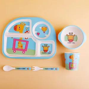 5-piece bamboo fiber kids tableware set with cute giraffe cartoon and divided plate