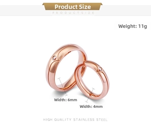 Detail of rose gold stainless steel couple rings with round zircon and width specifications