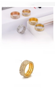 Close-up detail of 8mm stainless steel rings with triple-row zircon in gold and silver