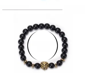 Detailed specs of 8mm black lava stone bead bracelet with a golden lion head charm