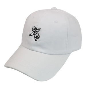 White cotton baseball cap with black astronaut embroidery on front in a casual style