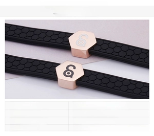 Detail of black silicone bracelet with honeycomb texture and rose gold steel buckle
