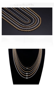 Detailed size chart for stainless steel O-chains in gold, silver, and black finishes