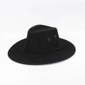 Detail of black woven cowboy hat with decorative rope and metal ventilation eyelets
