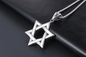 Macro detail of retro hollow hexagram star pendant in polished silver stainless steel
