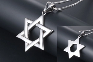 Detailed front and back view of retro hexagram pendant with polished snake chain