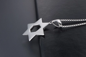 Detail shot of vintage stainless steel hexagram pendant on box chain necklace