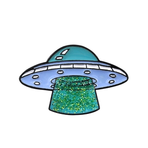 UFO spaceship enamel pin with glitter light beam and creative blue cartoon design
