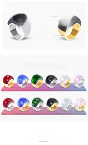 Macro detail of faceted crystal glass rings in multi-color with 18K gold plated band