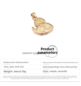 Macro shot of 18K gold plated stainless steel Jesus pendant with detailed product specs