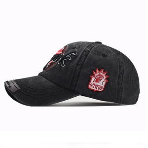 Distressed black cotton NEW YORK baseball cap with 3D embroidery and side patch