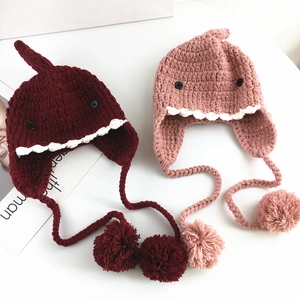 Cappello In Maglia Squalo Per Bambini Inverno Caldo Protezione Orecchie Beanie Con Pompon Animale Cartone Animato