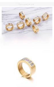 Detailed view of 18K gold plated stainless steel rings set with vibrant square zircons