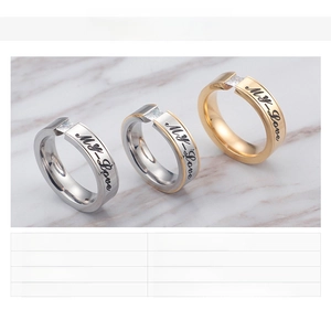 Detail of stainless steel rings showing MY-Love engraving and square zircon stones
