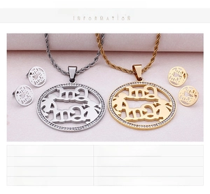 Detail of mama letter pendant necklaces and earrings in gold and silver finish