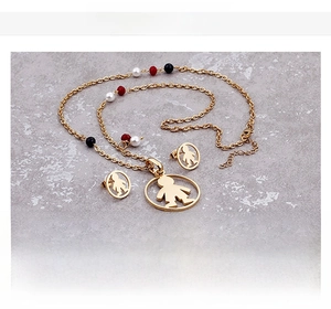 Detailed view of hollow boy charm necklace and earrings set in gold stainless steel
